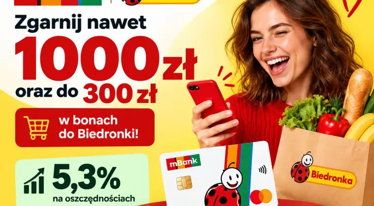 Konto mBank – do 1300 zł premii (Gotówka + Bony do Biedronki)
