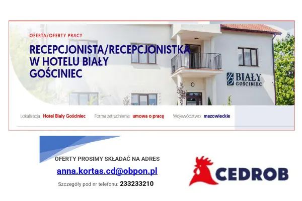 Recepcjonista/Recepcjonistka w Hotelu Biały Gościniec Ciechanów