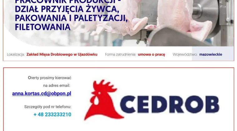 Pracownik Produkcji - Dział Przyjęcia Żywca, Pakowania i Paletyzacji, Filetowania Ujazdówek