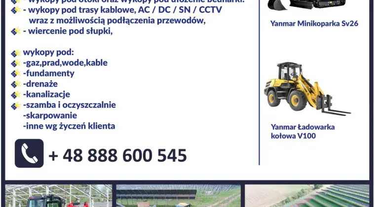 Prace ziemne, usługi koparko-ładowarką Yanmar SV 26