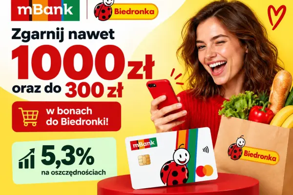 Konto mBank – do 1300 zł premii (Gotówka + Bony do Biedronki)