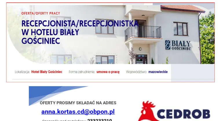 Recepcjonista/Recepcjonistka w Hotelu Biały Gościniec Ciechanów