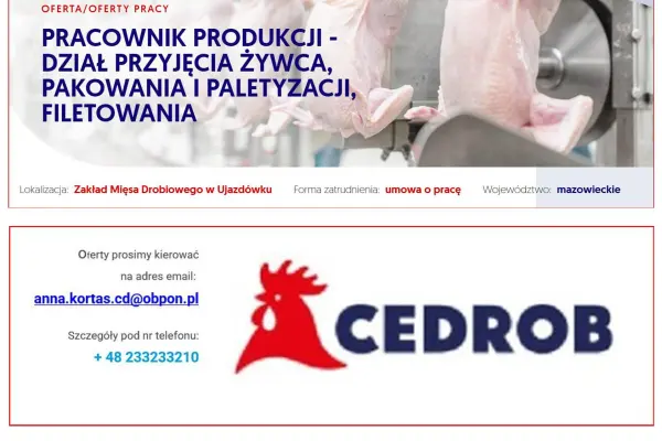 Pracownik Produkcji - Dział Przyjęcia Żywca, Pakowania i Paletyzacji, Filetowania Ujazdówek