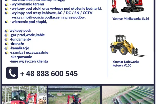 Prace ziemne, usługi koparko-ładowarką Yanmar SV 26