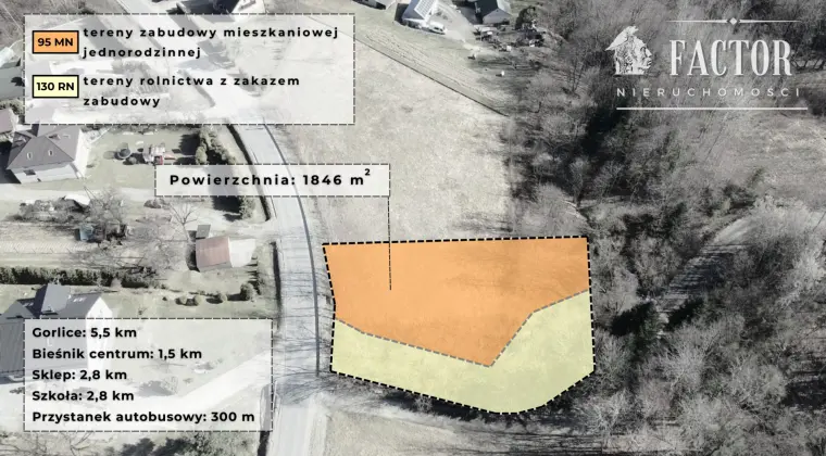 Działka budowlano-rolna 18,46 ara – Bieśnik, gm. Łużna, 1184S/2026